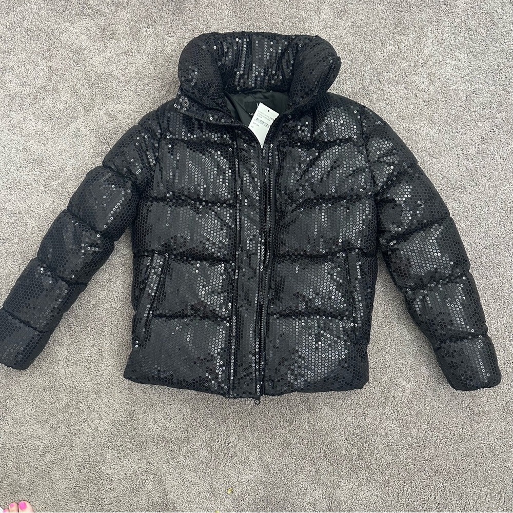 NWT Unreal Fur Black Sequin Puffer Jacket Front Zip High Collar Sz XS - Picture 2 of 16